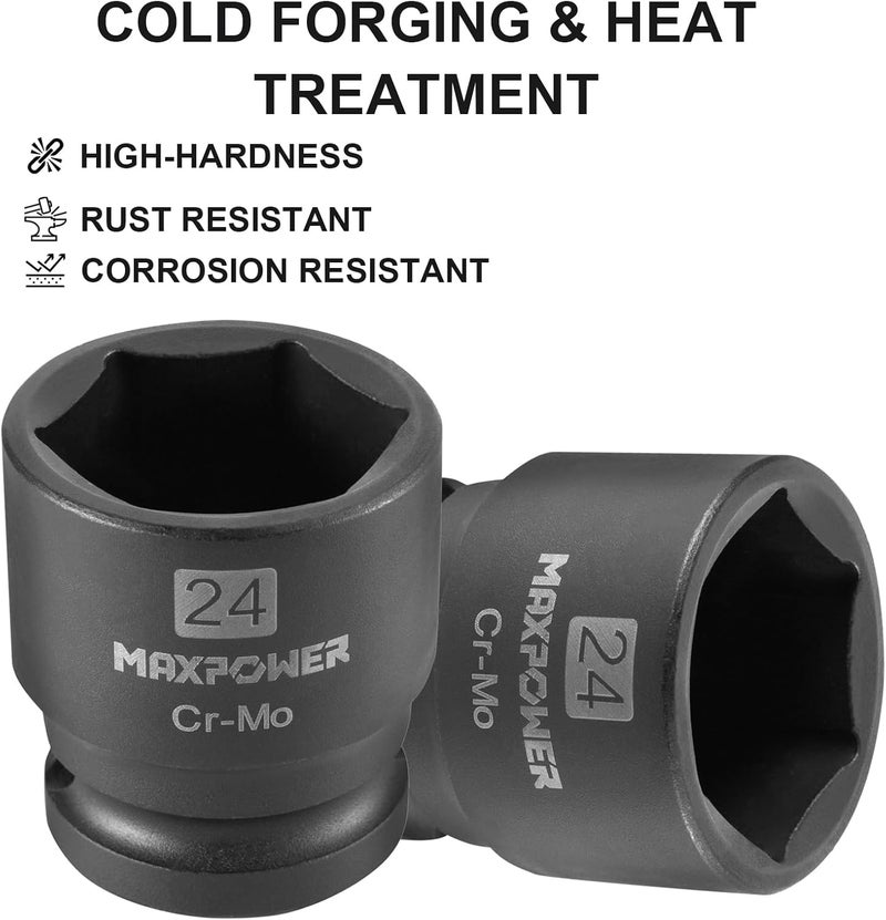 Max Power 1/2 Inch Drive 24mm Standard Impact Socket, Made with Heat-Treated Chrome Molybdenum Steel, 6-Point Design, Metric - Image 5